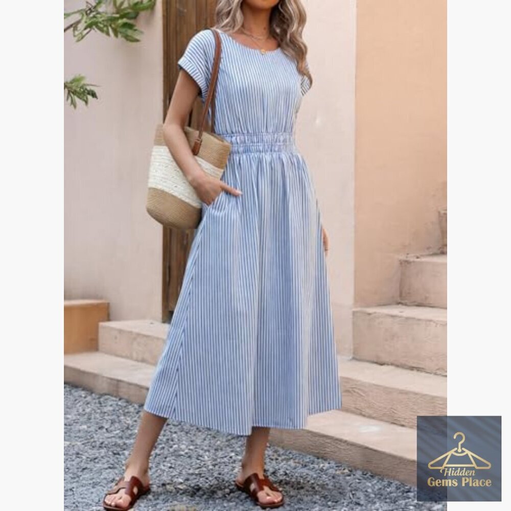 Rayon Midi Dress with Pockets, Empire Waist, Casual Summer Beach Wear - Picture 4 of 7